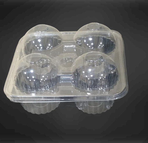 4-compartment clear cupcake container with separate domed lid